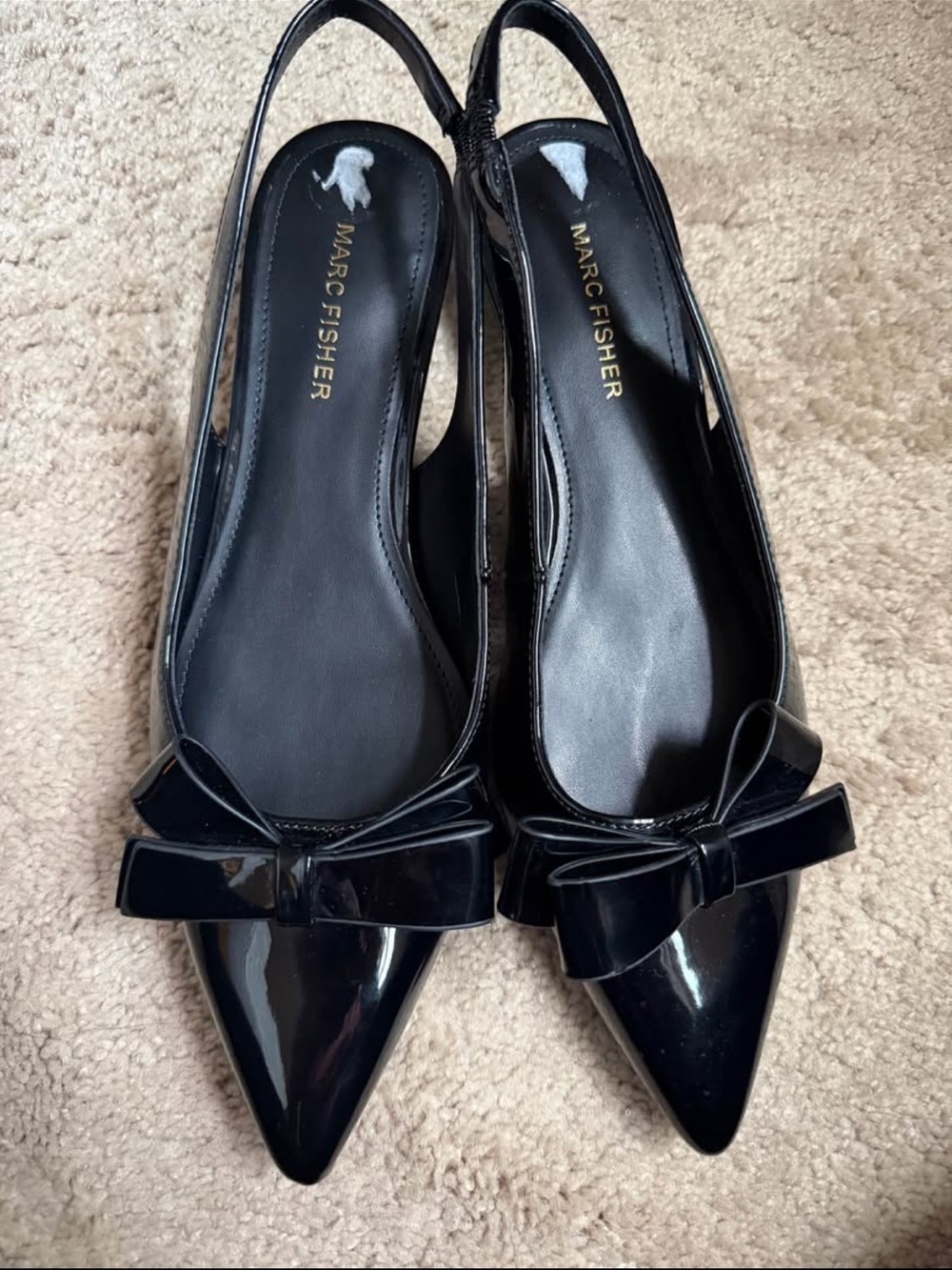 Marc Fisher Black Patent Pointed Slingback Flats with Bow Accent
